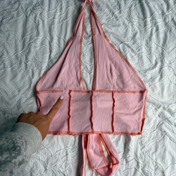 SHEIN Pink and Orange Stitch Halter Tank Top Tie Front - Picture 7 of 10